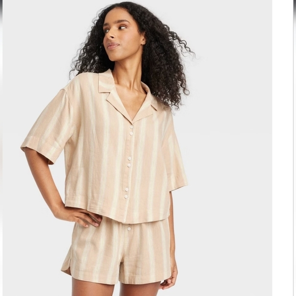 stars above Other - Women's Striped Linen Blend Button-Up Pajama Top - Stars Above Tan XS